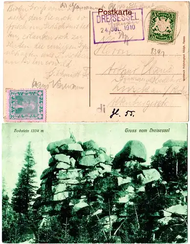 Bayern 1910, R2 DREISESSEL auf Gruss aus...-AK m. 5 Pf. u. KL1 Neureichenau