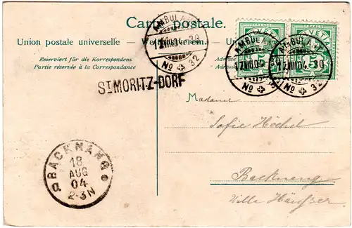 Schweiz 1904, L1- St. Moritz-Dorf auf AK m. Paar 5 C. u. Bahnpost Ambulant No.32