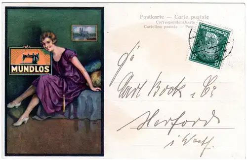 DR 1927, Mundlos Nähmaschinen Werbe Karte v. Neheim m. 8 Pf. n. Herford