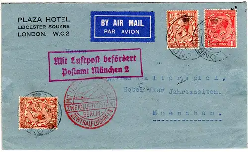 GB 1933, 1d+2x1 1/2d auf Luftpost Brief v. London m. München Flugbestätigungs-R2