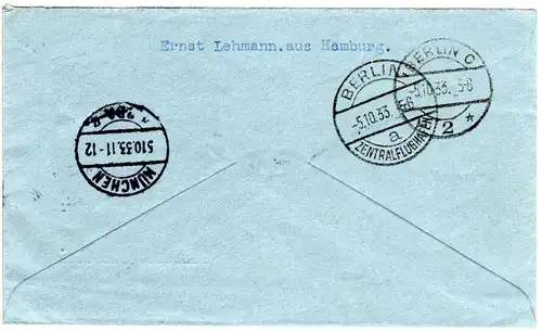 GB 1933, 1d+2x1 1/2d auf Luftpost Brief v. London m. München Flugbestätigungs-R2