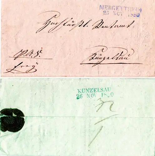 Württemberg 1850, L2 MERGENTHEIM klar auf gesiegeltem Franko Brief n. Künzelsau
