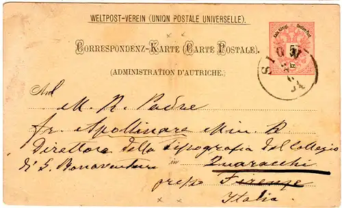 Österreich 1891, Dalmatien-K1 SIGN (Sinj) auf 5 Kr. Ganzsache n. Italien.