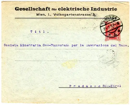 Österreich 1907, 10 H. Privat Ganzsache Brief v. Wien n. Predazzo