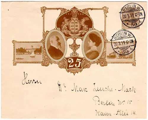 DR, als Ortsbrief Berlin gebr. 3 Pf. Privatganze Königspaar Württemberg