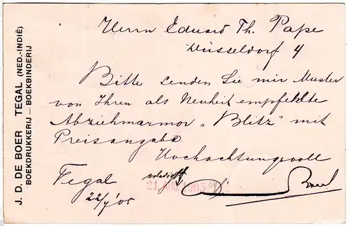 NL Indien 1905, 3 C. auf 5 C. Ganzsache v. Tegal n. Düsseldorf m R1 Na Posttijd