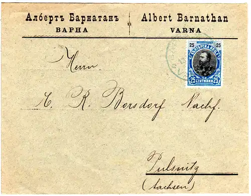 Bulgarien 1902, 25 St. auf Vordruckumschlag v. Varna n. Sachsen m. rs. Bahnpost