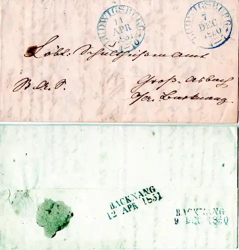 Württemberg 1850/51, K2 Ludwigsburg 2x klar auf doppelt verwendetem Faltbrief