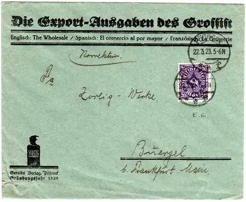 DR 1923, 20 Mk. m. Firmenlochung perfin auf Firmenbrief v. Pößneck