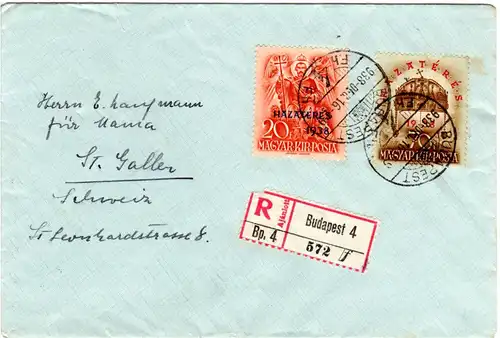 Ungarn 1938, 70+overprinted 20 F. on regd. cover from Budapest to Switzerland