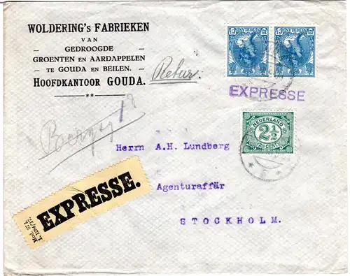NL 1918, 2 1/2+Paar 12 1/2 C. auf Express Brief v. Gouda n. Schweden