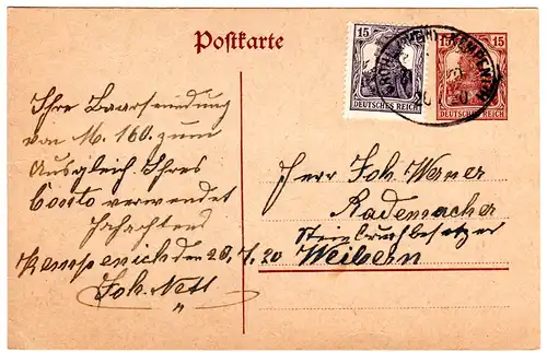 DR 1920, 15 Pf. auf 15 Pf. Ganzsache m. Bahnpost Brohl (Rhein) - Kempenich