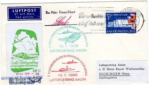 Luxemburg 1958, 2 F. auf Postsegelflug Brief m. Piloten Unterschrift u. Vignette