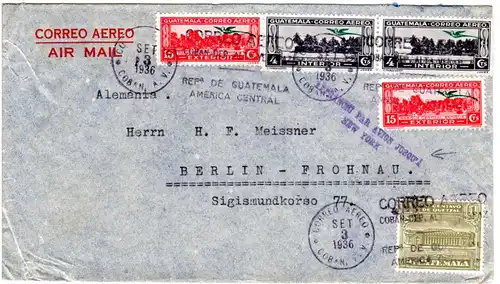 Guatemala 1936, 5 Marken auf Luftpostbrief n. Berlin m. Affranchie...jusqu´a NY