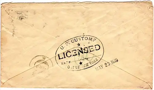 USA 1919, 3 C. m. perfin auf 5 C. Bergensfjord Schiffsbrief m. NY Customs Stpl.