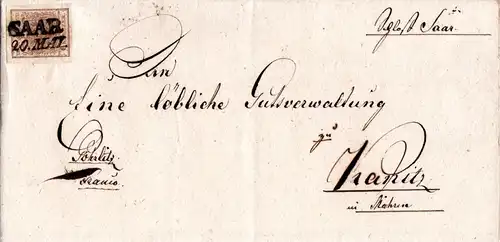 Österreich 1853, Mähren-L2 SAAR auf schönem Brief m. breitrandiger 6 Kr.