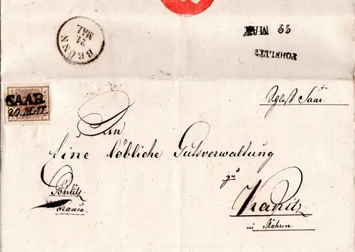 Österreich 1853, Mähren-L2 SAAR auf schönem Brief m. breitrandiger 6 Kr.