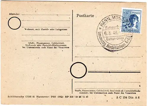 1948, Hann. Münden Europa-Union Landestag, Karte m. 12 Pf. entspr. Snderstempel