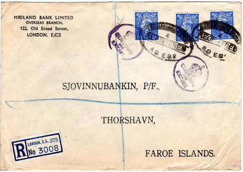 GB 1945, 3x2 1/2d m. perfins auf Bank Reko Brief v. London n. Thorshavn Faeroer