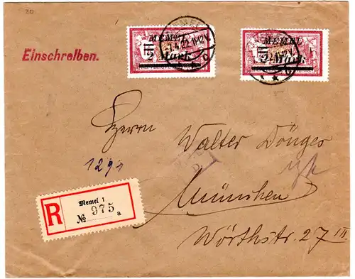 Memel 1922, MeF 2x2 Mk./1 Fr. auf Einschreiben Brief m. Zensur n. München 