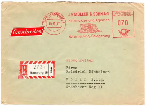 BRD 1957,  Werbe-Freistpl. Holzmakler Müller & Sohn auf Reko Brief v. Hamburg