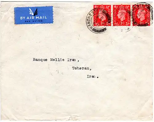 GB 1938, 3x1d auf Luftpost Brief v. Manchester n. Persien. Bessere Destination!