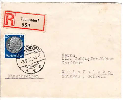 DR 1937, 80 Pf. Hindenburg auf Einschreiben Brief v. Pfullendorf i.d. Schweiz