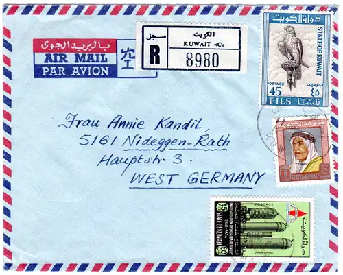 Kuwait 1969, 3 Marken auf Luftpost Einschreiben Brief n. Deutschland