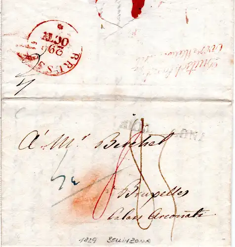 Schweiz 1829, L1 BELLINZONA auf Porto Brief n. Bruxelles Belgien.