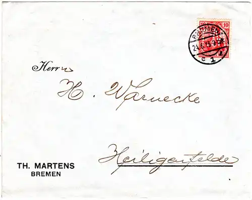 DR 1913, 10 Pf. Germania m. perfin Firmenlochung auf Brief v. Bremen c1l