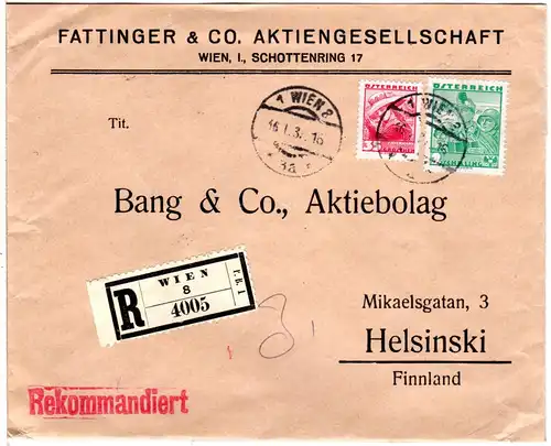 Österreich 1937, 2 S.+35 Gr. Volkstrachten auf Reko Brief v. Wien n. Finnland