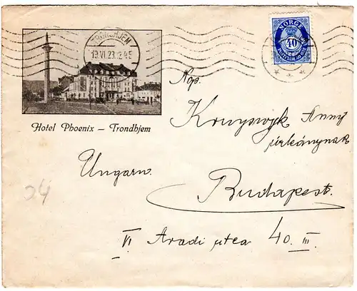 Norwegen 1823, EF 40 öre auf Hotel Phoenix Bilderbrief v. Trondheim n. Ungarn 