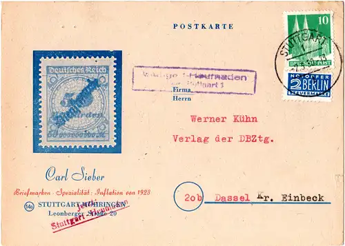 BRD 1950, Landpost Stempel Stuttgart Heumaden über Stuttgart auf Karte m 10 Pf. 