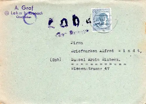 1948, Landpost Stempel LAHM über Kronach auf Karte m. 12 Pf. 