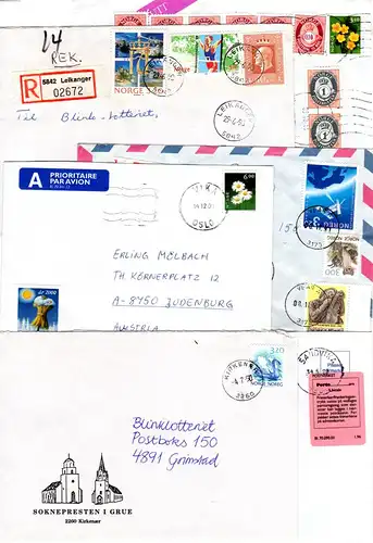 Norwegen, 7 Briefe m. versch. Frankaturen, dabei Einschreiben, Porto usw.