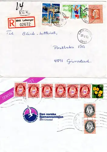 Norwegen, 7 Briefe m. versch. Frankaturen, dabei Einschreiben, Porto usw.