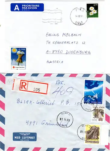 Norwegen, 7 Briefe m. versch. Frankaturen, dabei Einschreiben, Porto usw.