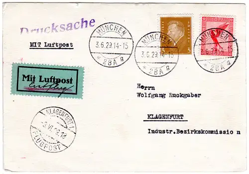 DR 1929, 5+10 Pf. auf Erstflug Karte München Klagenfurt. Nur 215 St. befördert!