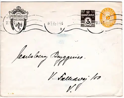 Dänemark 1920, gebr. 3+7 öre Arbeidgiver Forening Ganzsachenumschlag