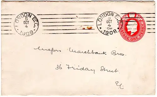 GB 1908, London E.C. Maschinenstempel klar auf 1d Ganzsache Brief