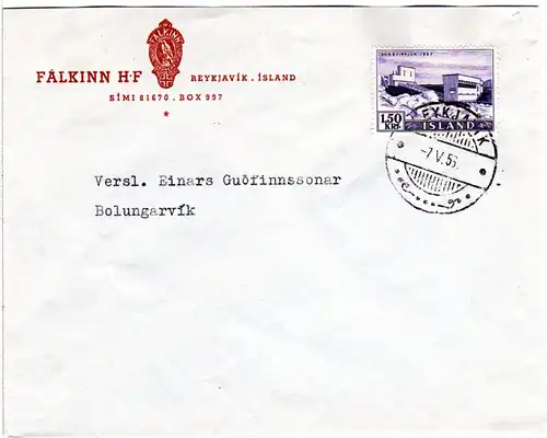 Finnland 1956, EF 1,50 Kr. Wasserkraftwerk Sogs auf Brief v. Reykjavik