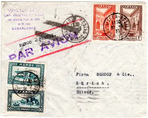 Marokko 1936, Luftpost Annullierungsstpl. auf Brief v. Casablanca i.d. Schweiz