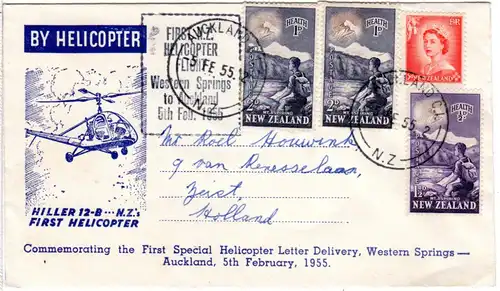 Neuseeland 1955, 4 Marken auf Helicopter Ertsflug Brief Western Springs-Auckland