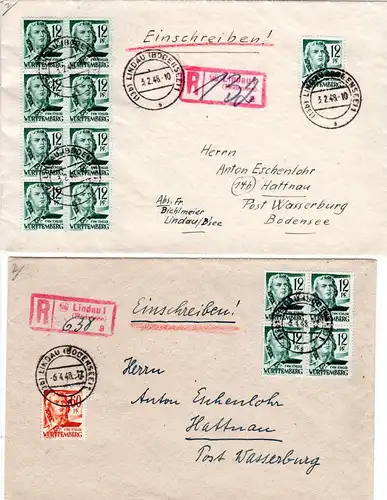 Württemberg 1948, 2 portorichtige Reko Briefe v. Lindau m. guten Frankaturen!