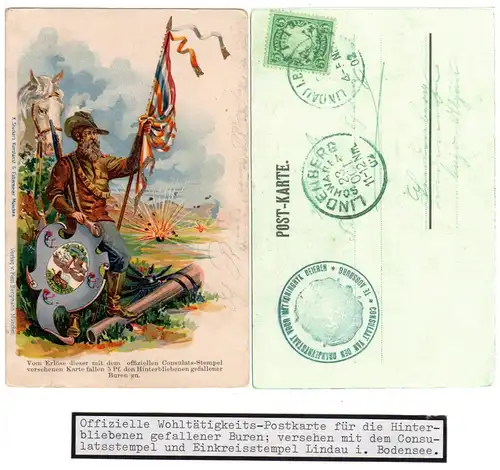 Südafrika, Konsulatsstpl. v. Augsburg auf gebr. Buren Wohltätigkeits Postkarte