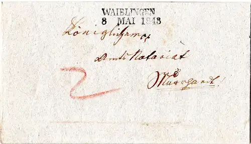 Württemberg 1843, L2 BACKNANG u. innen WAIBLINGEN auf Wende-Brief 