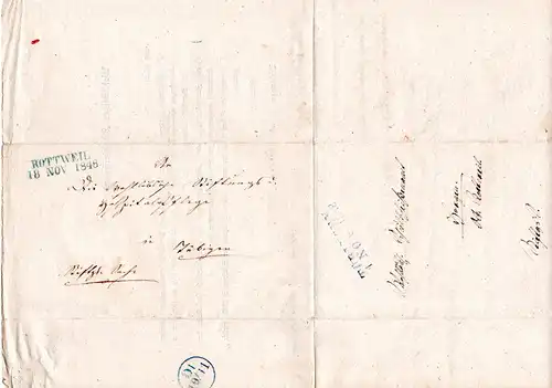 Württemberg 1848, L2 ROTTWEIL u. innen TÜBINGEN auf Wende Brief 