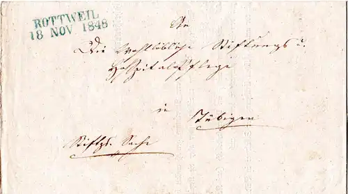 Württemberg 1848, L2 ROTTWEIL u. innen TÜBINGEN auf Wende Brief 