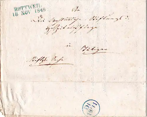 Württemberg 1848, L2 ROTTWEIL u. innen TÜBINGEN auf Wende Brief 