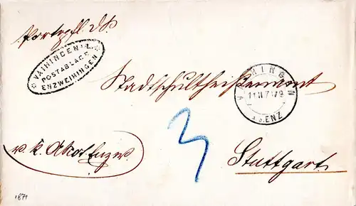 Württemberg 1871, Postablage Enzvaihingen u. innen Stuttgart auf Wende Brief 